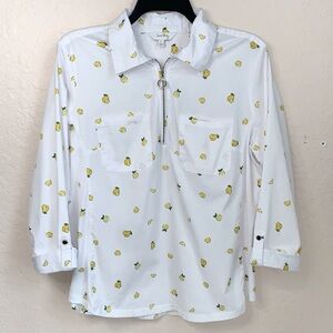 Coral‎ Bay Lemon Print Cotton Top Womens Large 1/4 Zip Cuffed Sleeve With Button